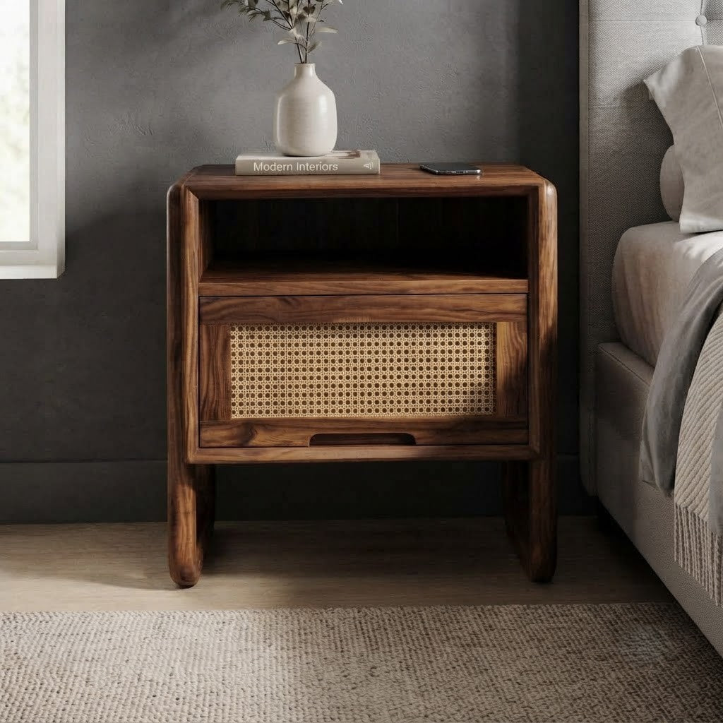PRITI Dark Walnut Sheesham Wood Nightstand with Open Shelf