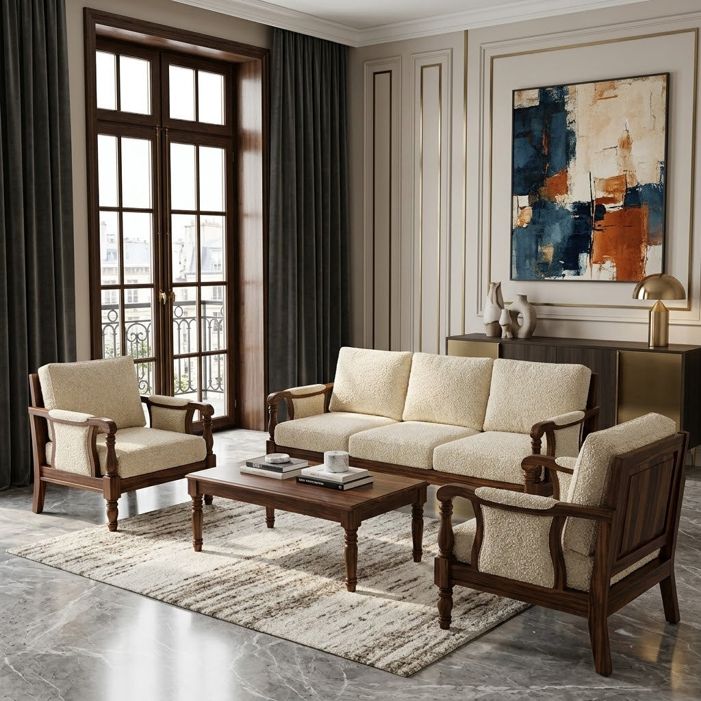 PRITI Dark Walnut Sheesham Wood Sofa Set 3+1+1