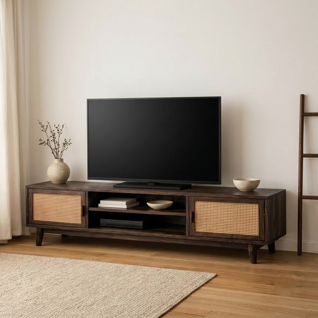 PRITI Dark Walnut Sheesham Wood TV Cabinet with Cane Panel Doors & Storage