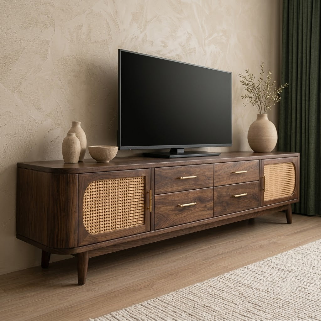 PRITI Dark Walnut Sheesham Wood TV Console with Cane Doors & Storage