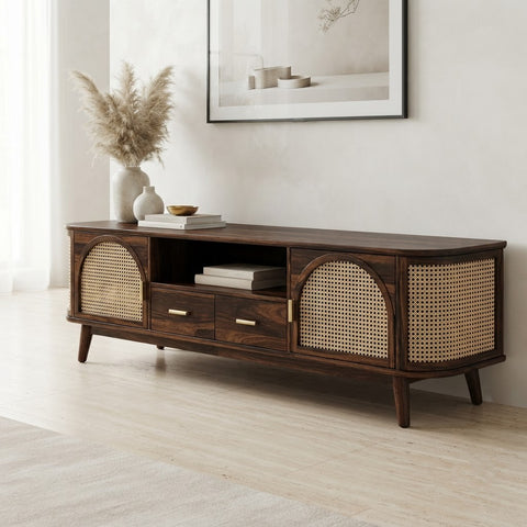 PRITI Dark Walnut Sheesham Wood TV Console with Cane Panel Doors & Storage