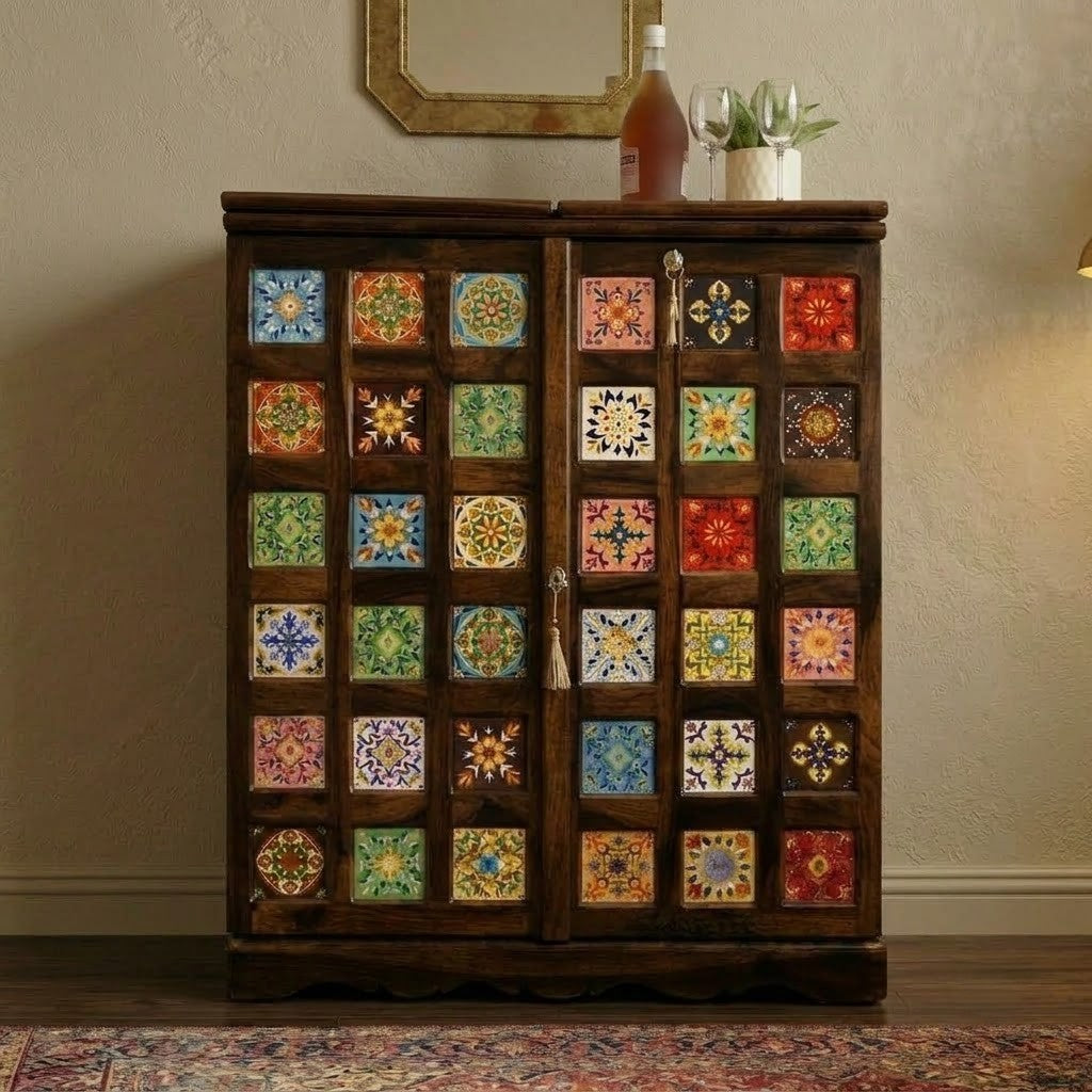PRITI Dark Walnut Sheesham Wood Tile Bar Cabinet with Handcrafted Ceramic Tiles