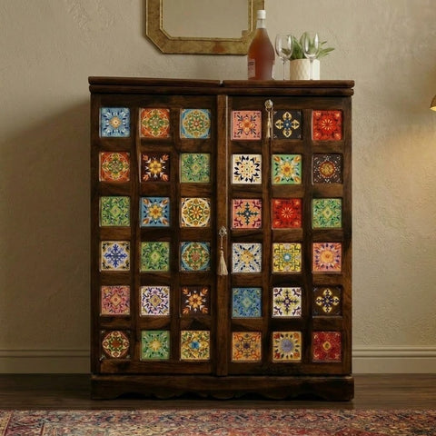 PRITI Dark Walnut Sheesham Wood Tile Bar Cabinet with Handcrafted Ceramic Tiles