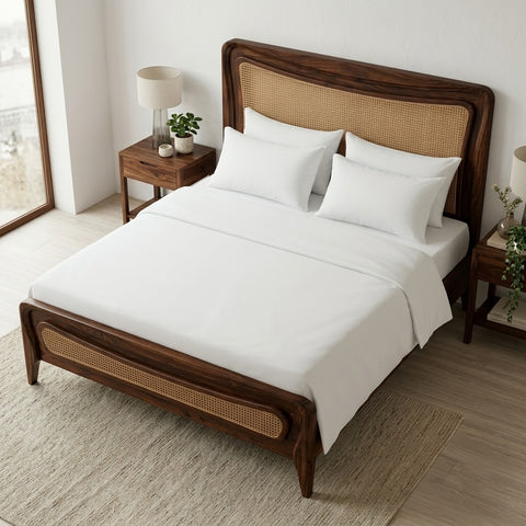 PRITI Dark Walnut Sheesham king bed with cane headboard