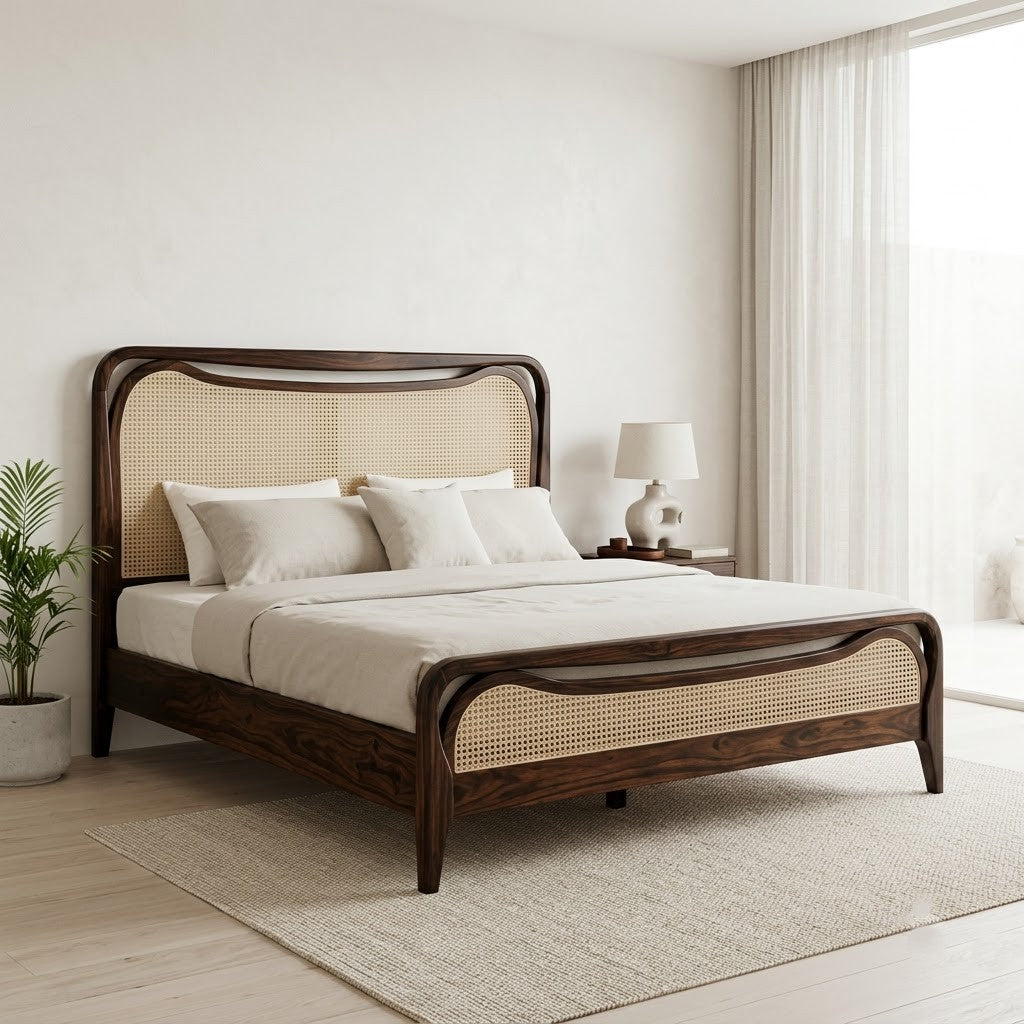 PRITI Dark Walnut Sheesham king bed with cane weave