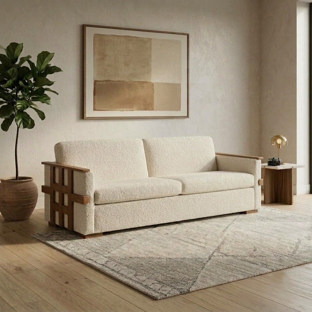 PRITI Dark Walnut Sheesham wood 3.5 seater sofa with Crème Boucle fabric