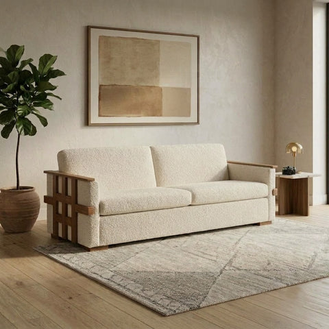 PRITI Dark Walnut Sheesham wood 3.5 seater sofa with Crème Boucle fabric