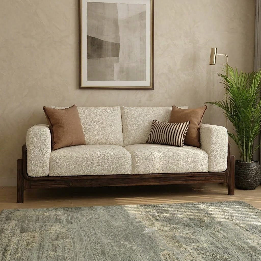 PRITI Dark Walnut Sheesham wood 3 seater sofa with Crème Boucle upholstery