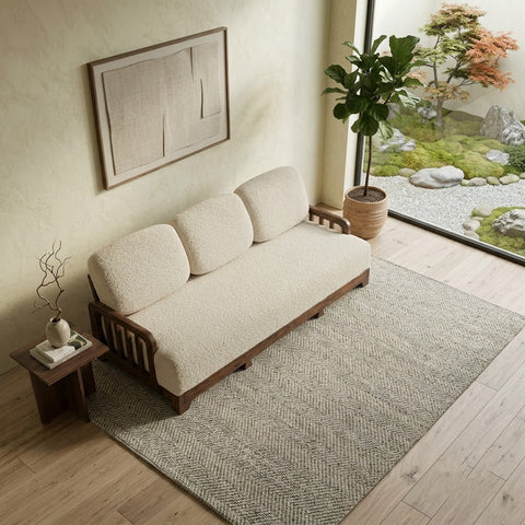 PRITI Dark Walnut Sheesham wood 3 seater sofa with creme boucle fabric