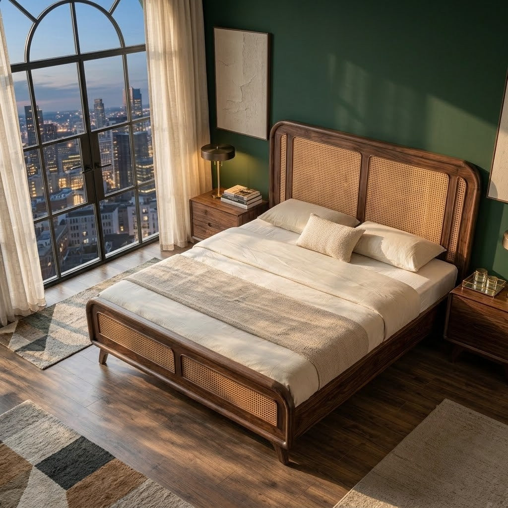 PRITI Dark Walnut Sheesham wood bed with cane headboard