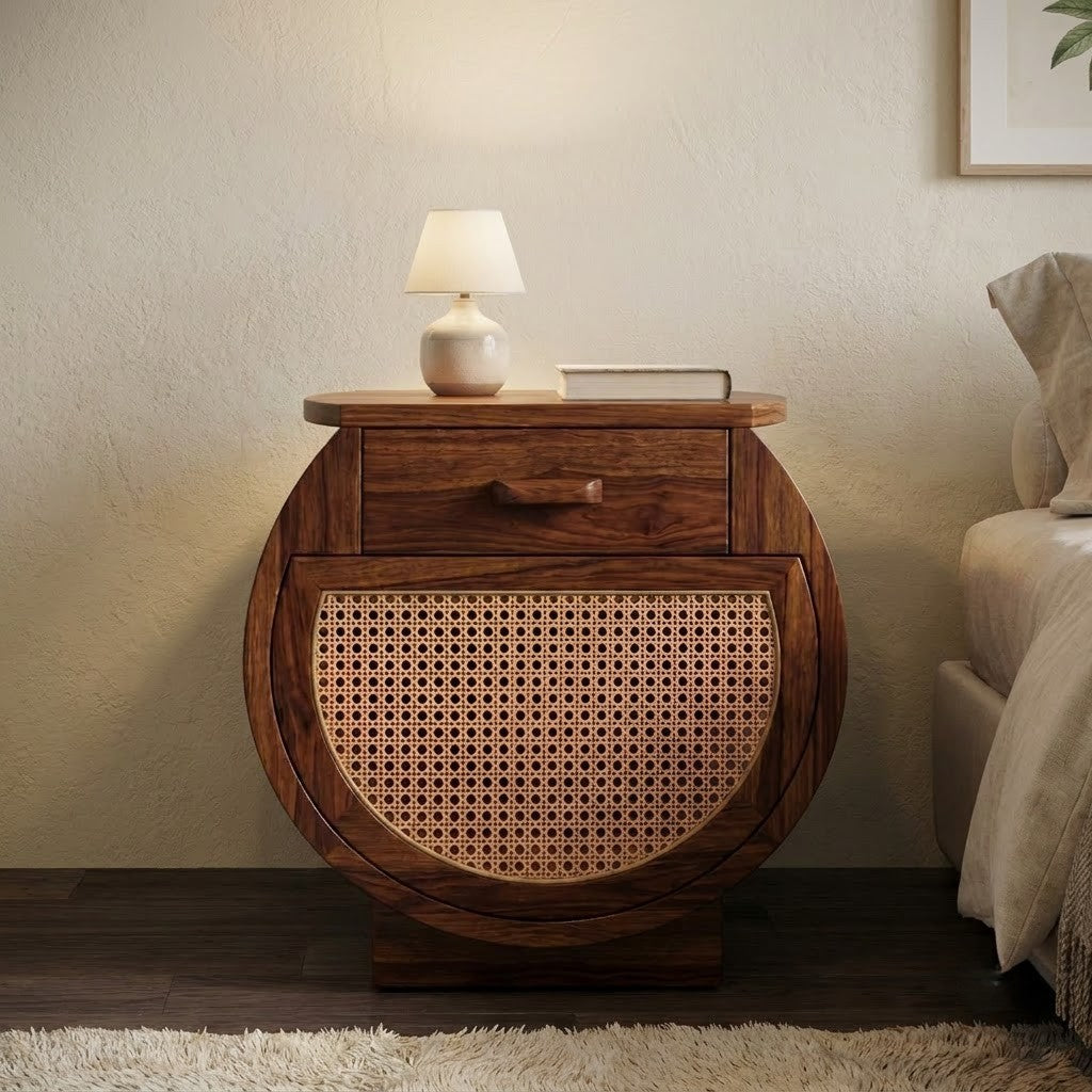 PRITI Dark Walnut Sheesham wood bedside table with cane cabinet