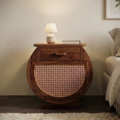 PRITI Dark Walnut Sheesham wood bedside table with cane cabinet