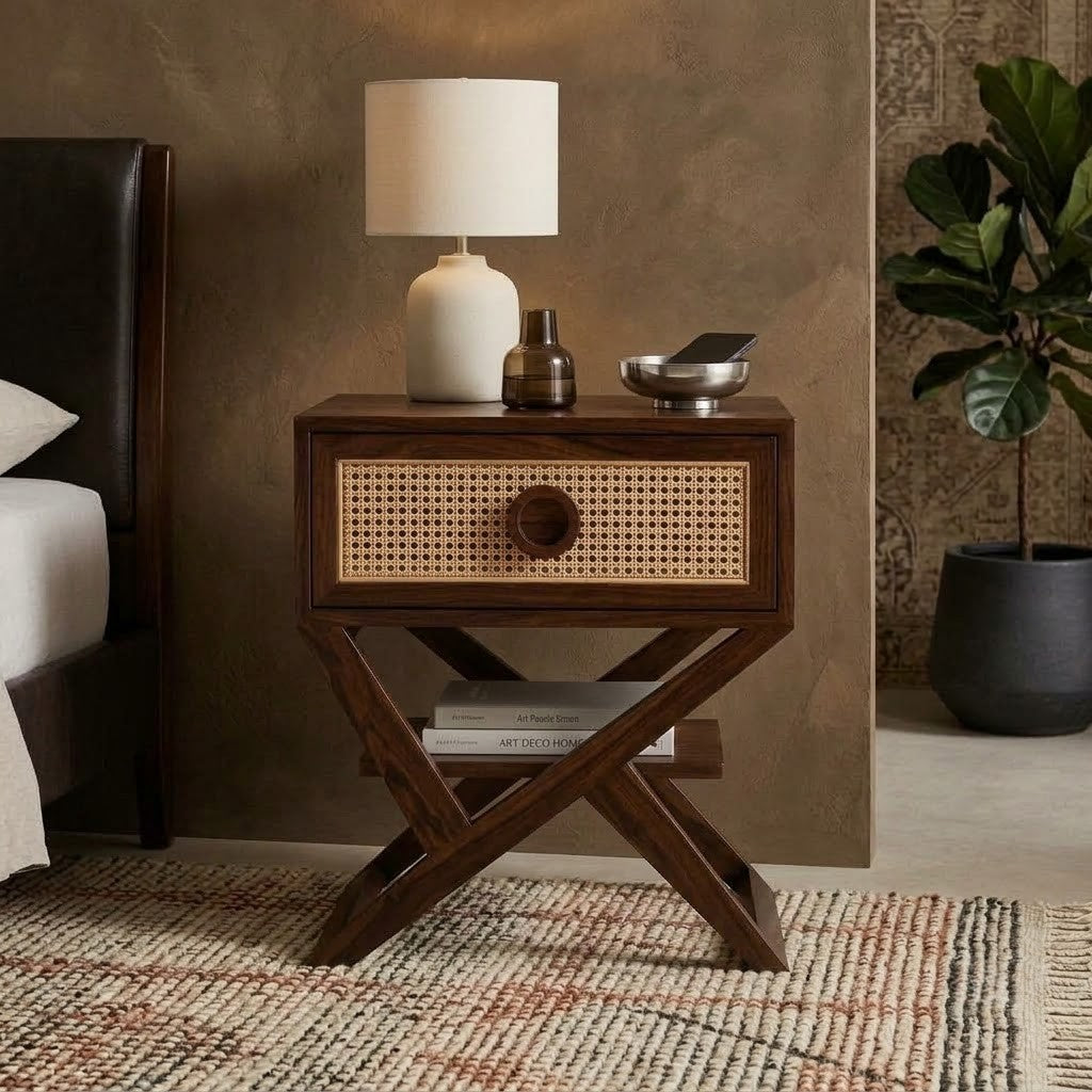 PRITI Dark Walnut Sheesham wood bedside table with cane drawer