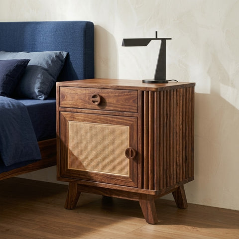 PRITI Dark Walnut Sheesham wood bedside table with drawer and cabinet