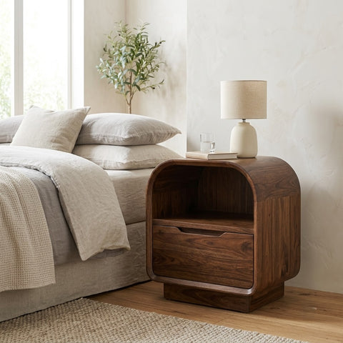 PRITI Dark Walnut Sheesham wood bedside table with drawer and shelf