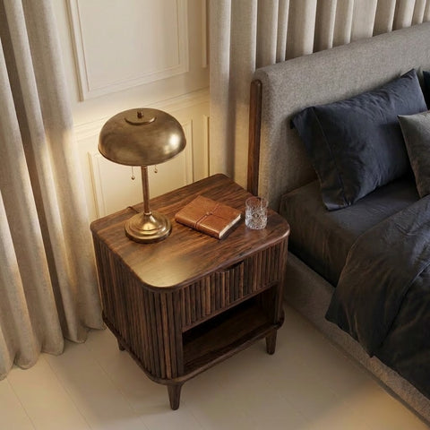 PRITI Dark Walnut Sheesham wood bedside table with drawer and storage