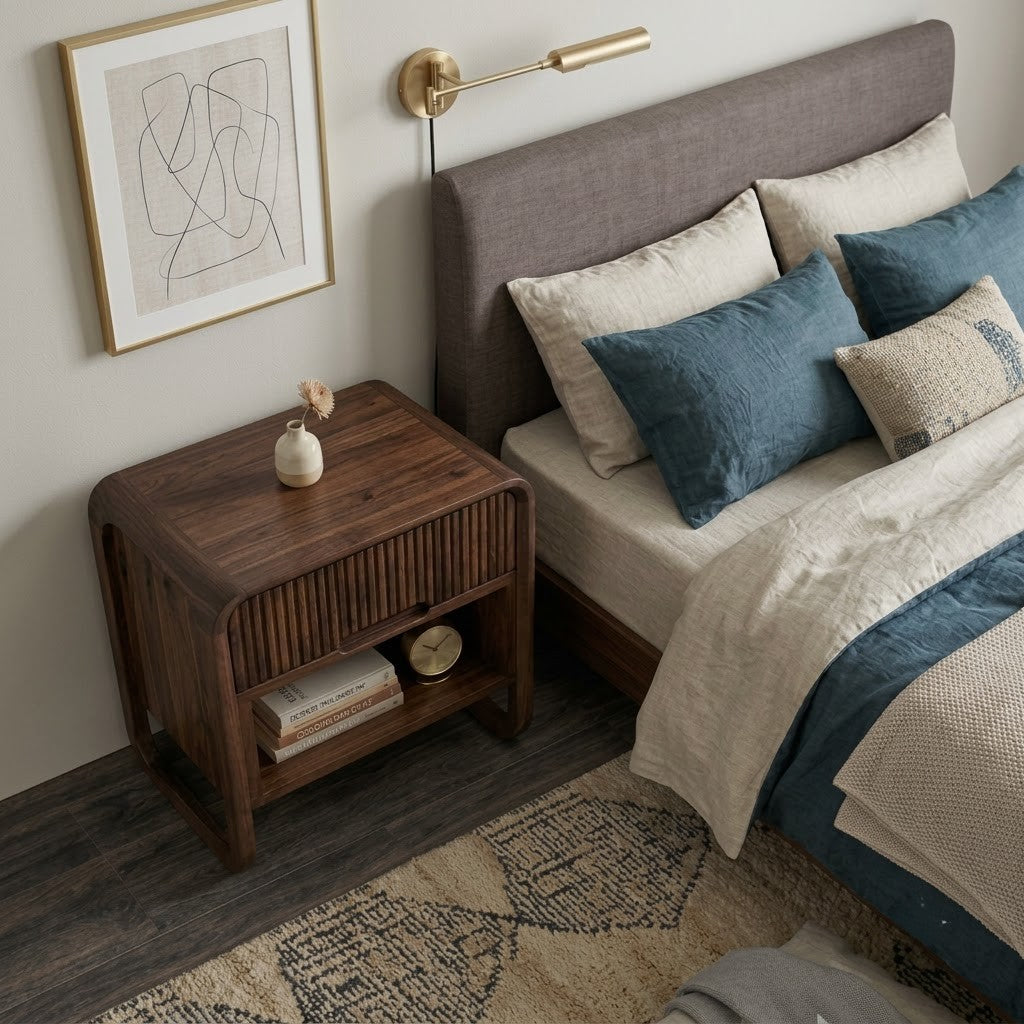 PRITI Dark Walnut Sheesham wood bedside table with fluted drawer