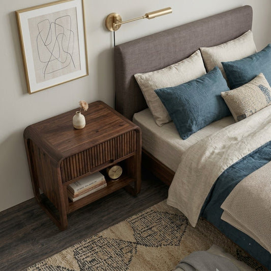 PRITI Dark Walnut Sheesham wood bedside table with fluted drawer