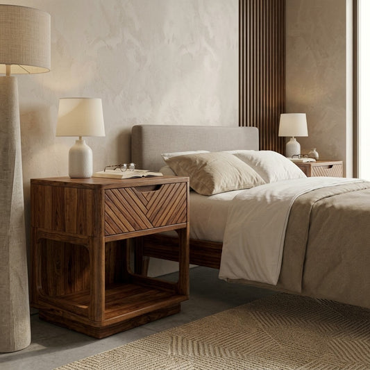PRITI Dark Walnut Sheesham wood bedside table with geometric drawer