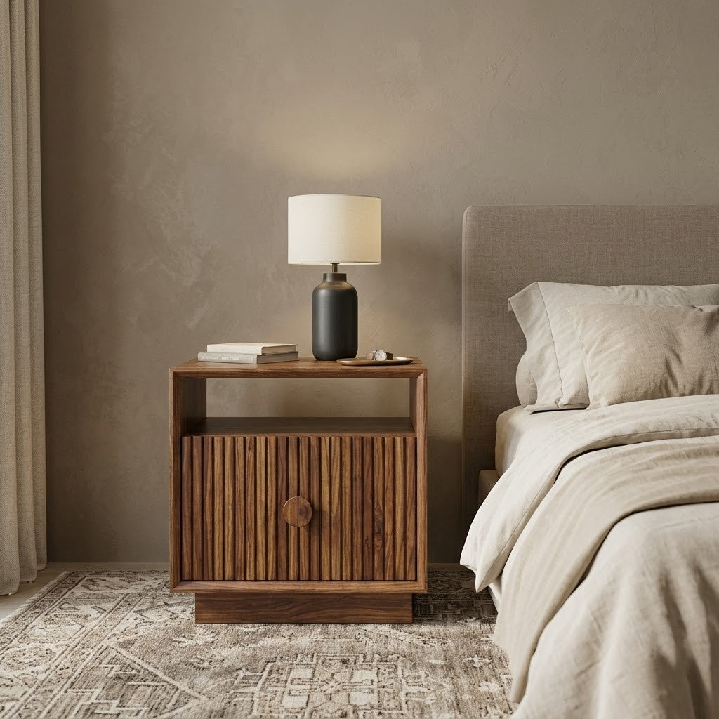 PRITI Dark Walnut Sheesham wood bedside table with slatted cabinet