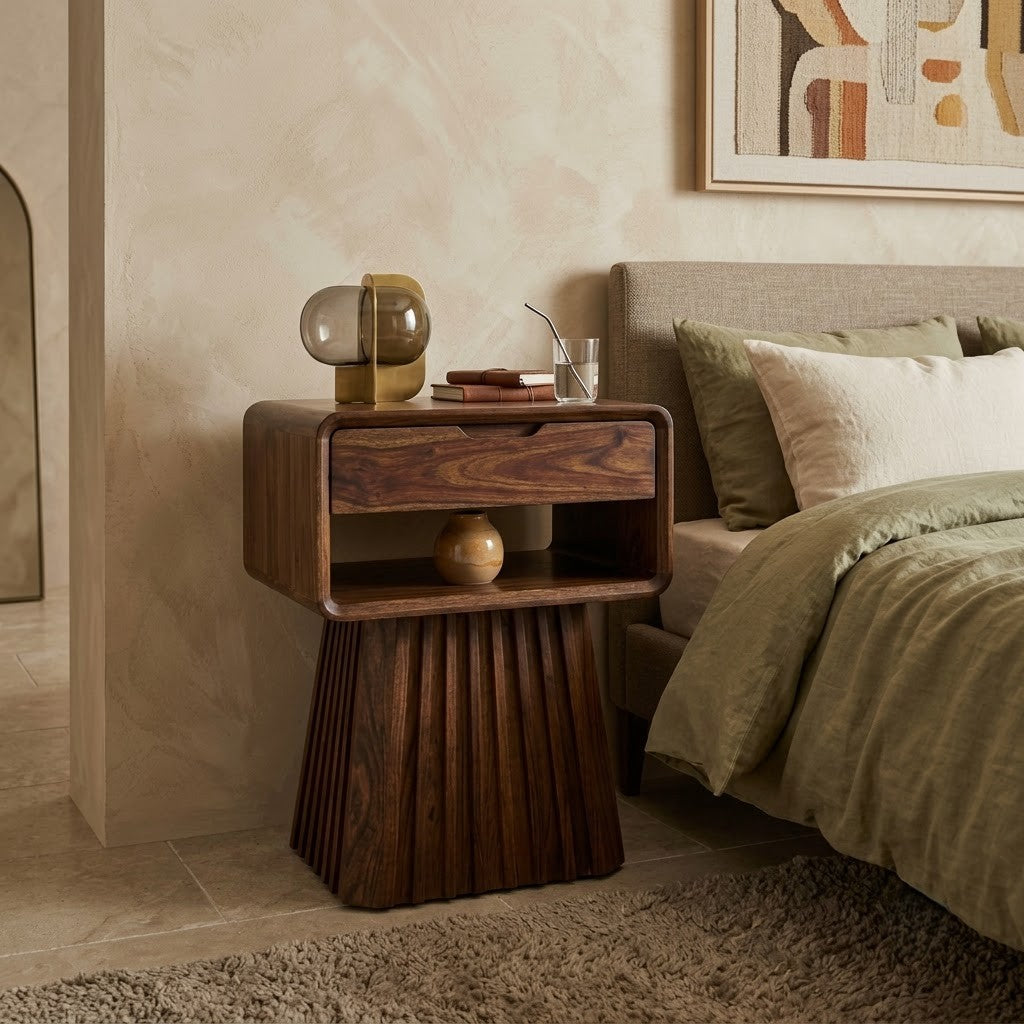 PRITI Dark Walnut Sheesham wood bedside table with spacious drawer