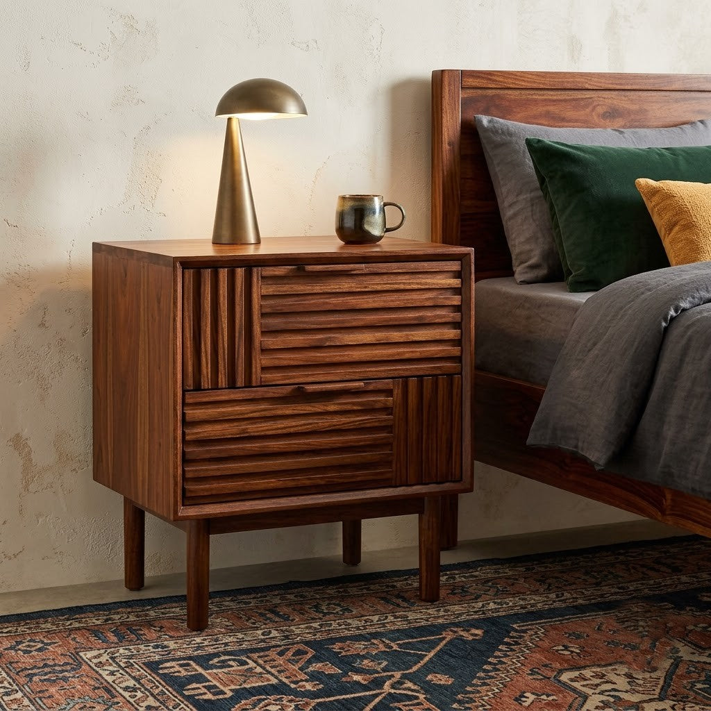 PRITI Dark Walnut Sheesham wood bedside table with two slatted drawers