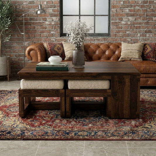 PRITI Dark Walnut Sheesham wood coffee table set with Crème Boucle stool