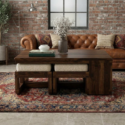 PRITI Dark Walnut Sheesham wood coffee table set with Crème Boucle stool