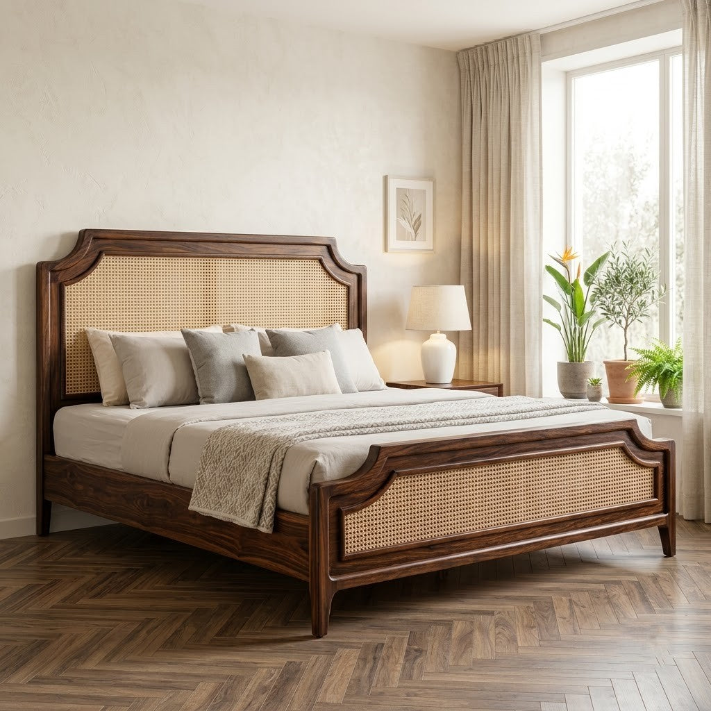 PRITI Dark Walnut Sheesham wood king bed with cane headboard