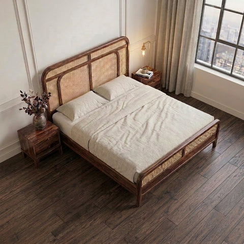 PRITI Dark Walnut Sheesham wood king bed with woven cane headboard