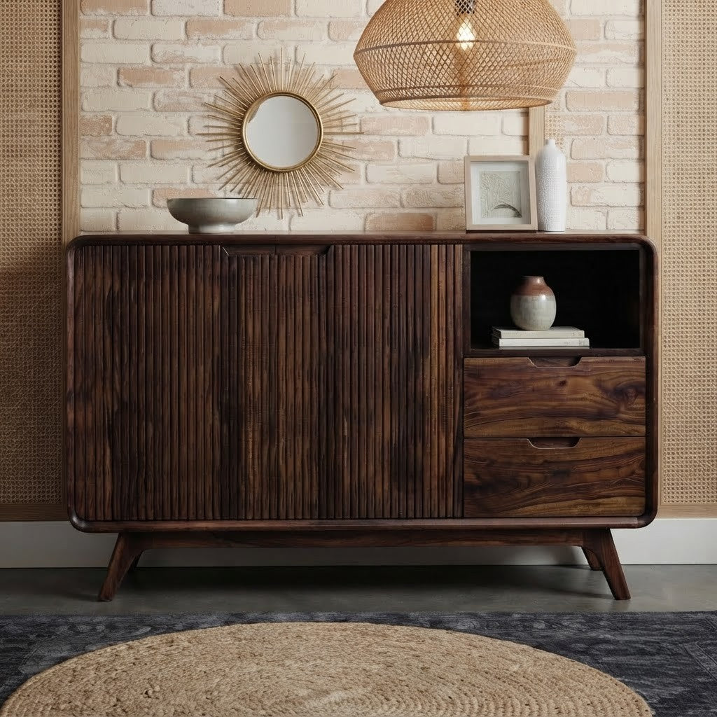 PRITI Dark Walnut Sheesham wood sideboard with cabinets and drawers