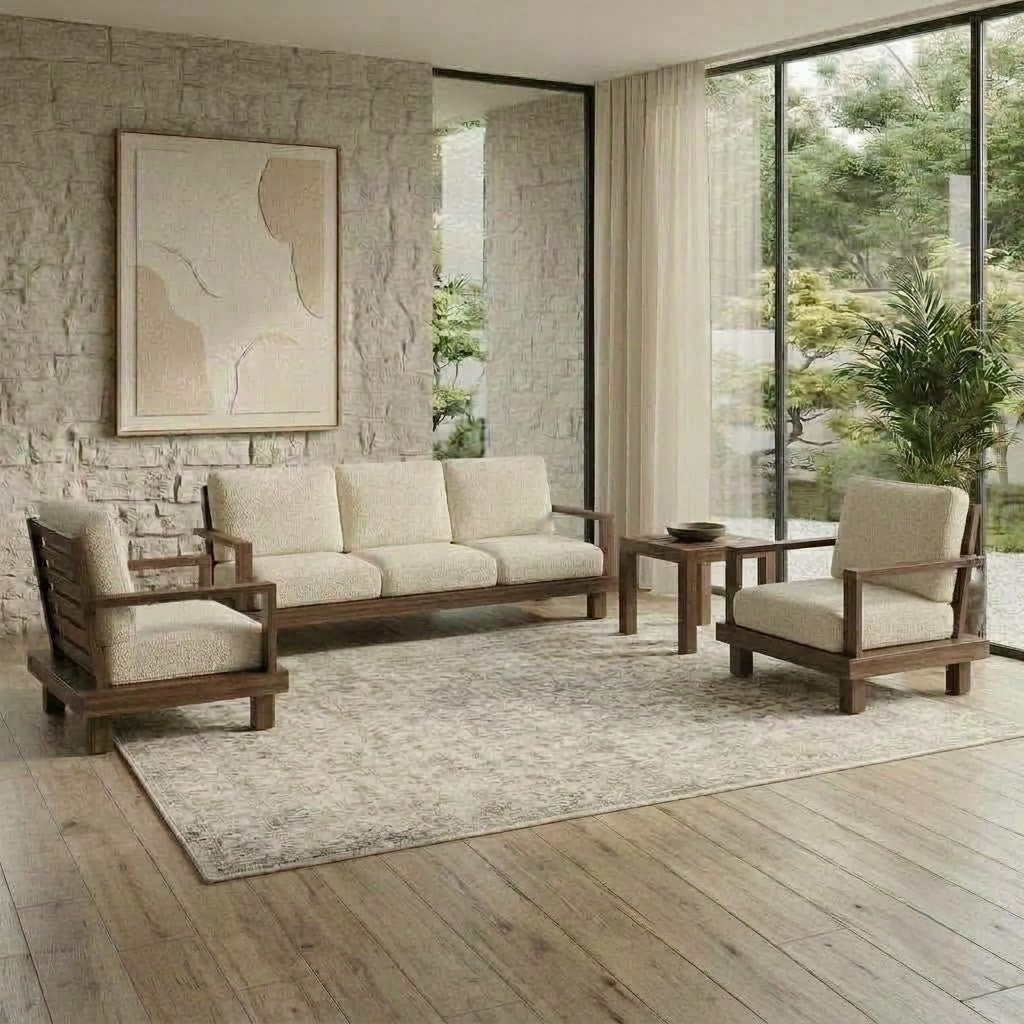 PRITI Dark Walnut Sofa Set with Crème Bouclé Fabric