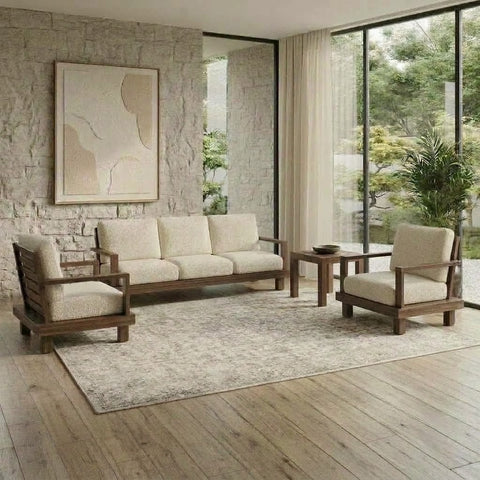 PRITI Dark Walnut Sofa Set with Crème Bouclé Fabric