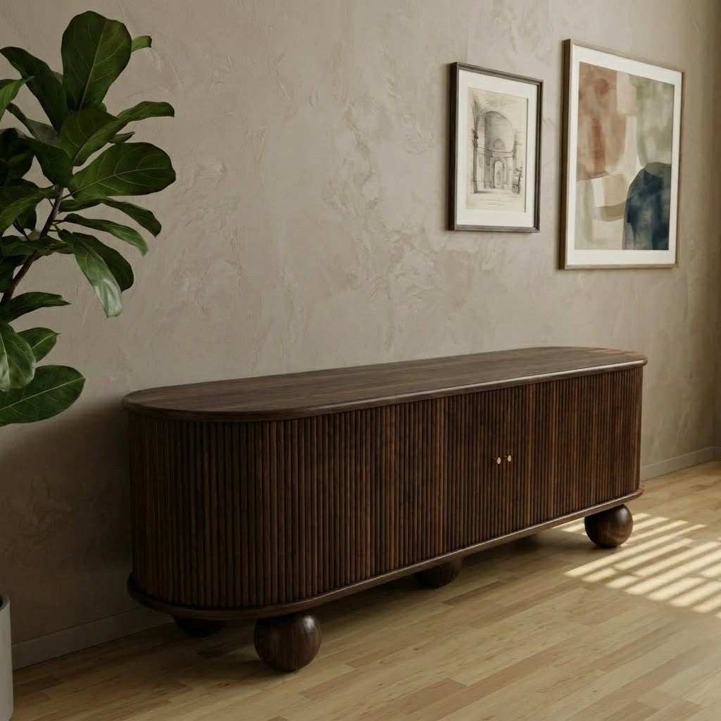 PRITI Dark Walnut TV Console with Sculptural Sphere Legs