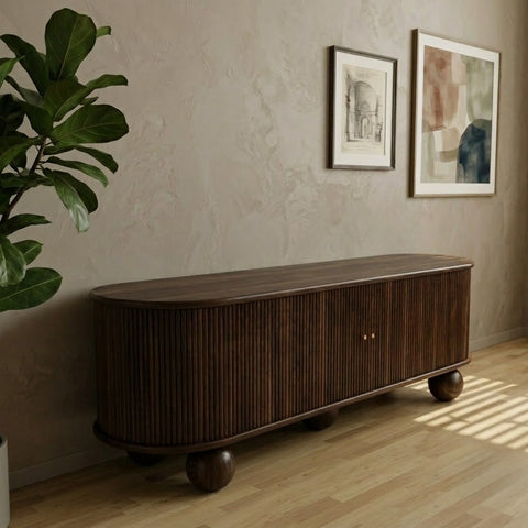 PRITI Dark Walnut TV Console with Sculptural Sphere Legs