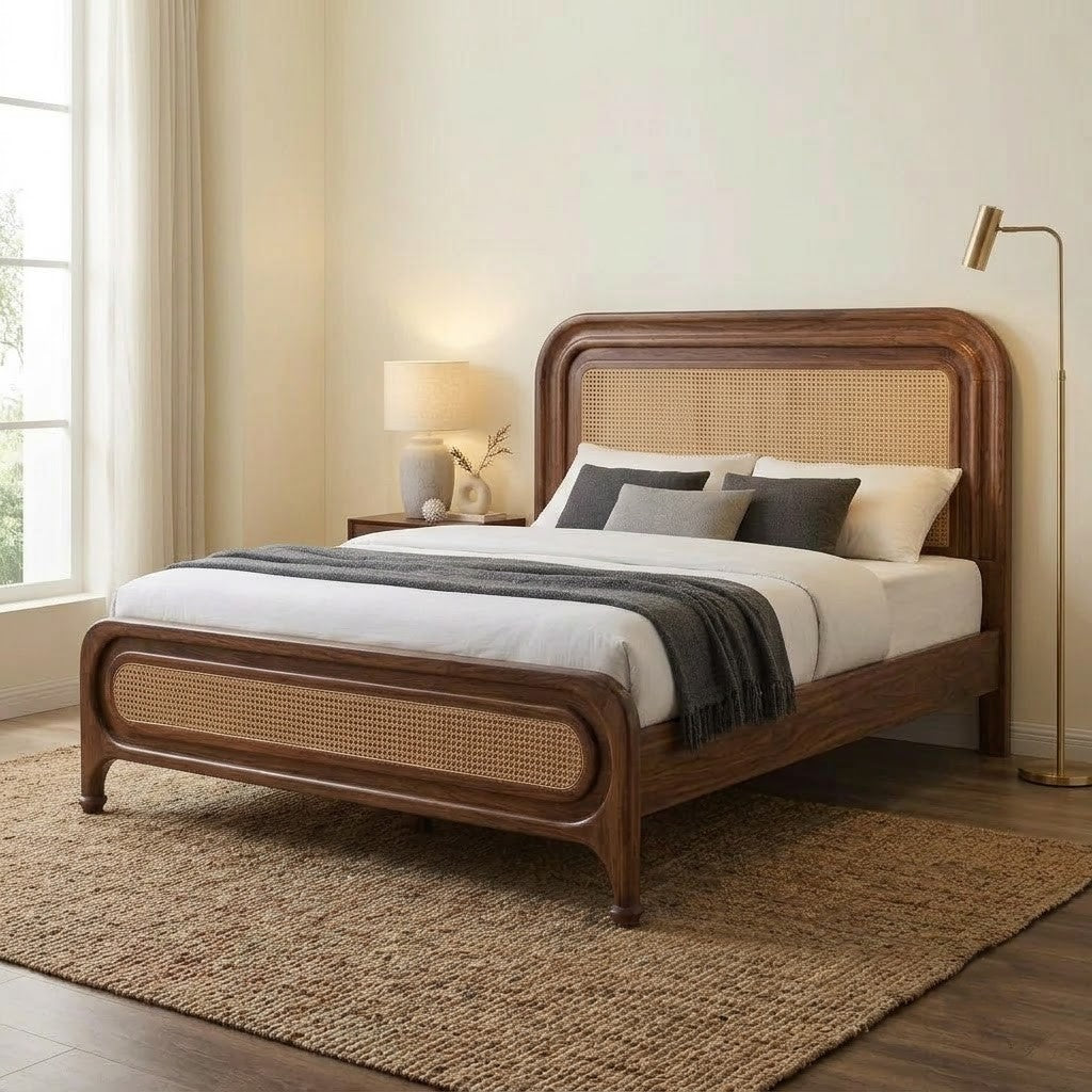 PRITI Dark Walnut Wood Bed with Woven Headboard