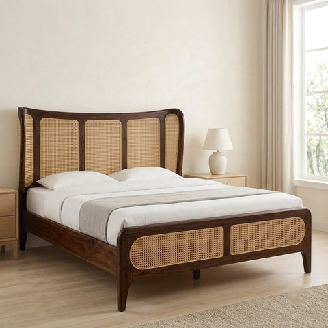 PRITI Dark Walnut Wooden Bed with Cane Weave Design