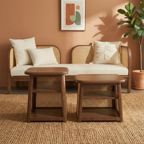 PRITI Dark Walnut Wooden Center Table Pair with Cane Panels