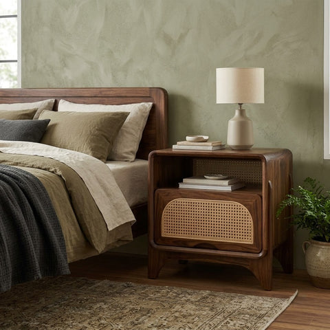 PRITI Dark Walnut Wooden Nightstand with Cane-Front Drawer