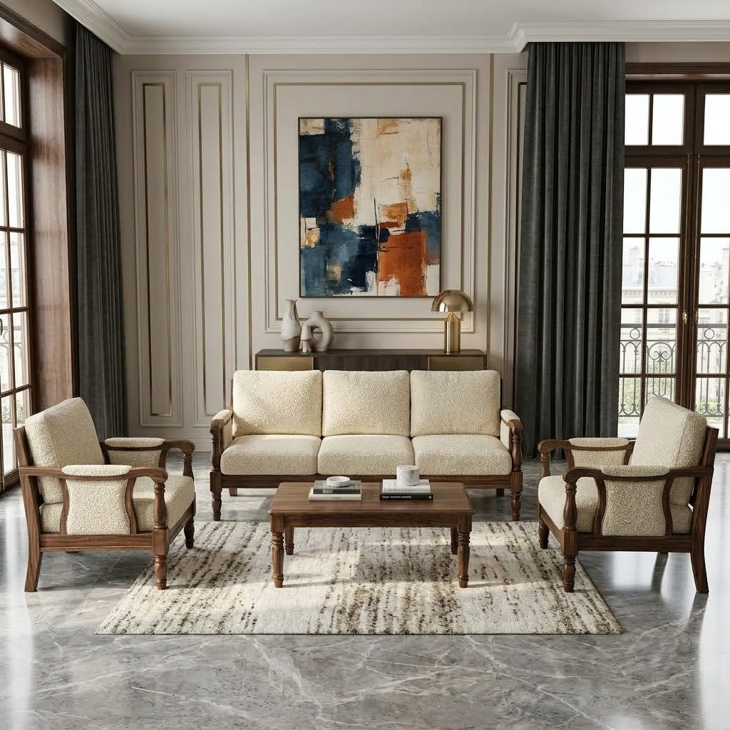 PRITI Dark Walnut Wooden Sofa Set with Bouclé Fabric