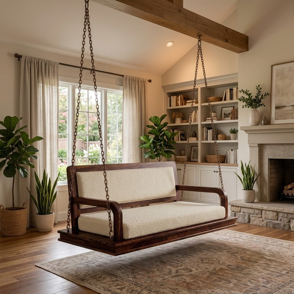 PRITI Dark Walnut Wooden Swing | Solid Sheesham Wood Jhula for Home Décor