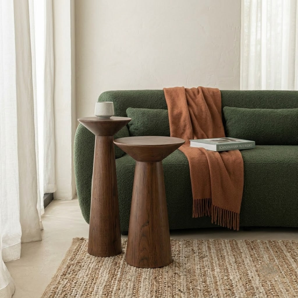 PRITI Dark Wood Side Table – Sculptural Conical Design