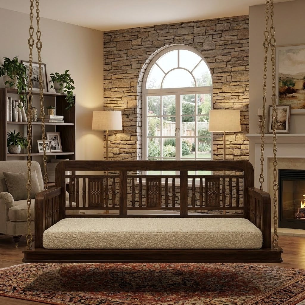 PRITI Designer 2 Seater Swing Chair – Sheesham Wood Frame with Boucle Seat