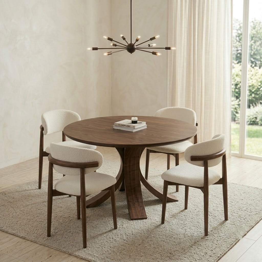 PRITI Designer 4 Seater Round Dining Table & Chair Set – Dark Walnut Finish