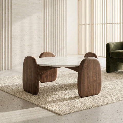 PRITI Designer Banswara Marble Top Coffee Table with Artistic Wooden Legs
