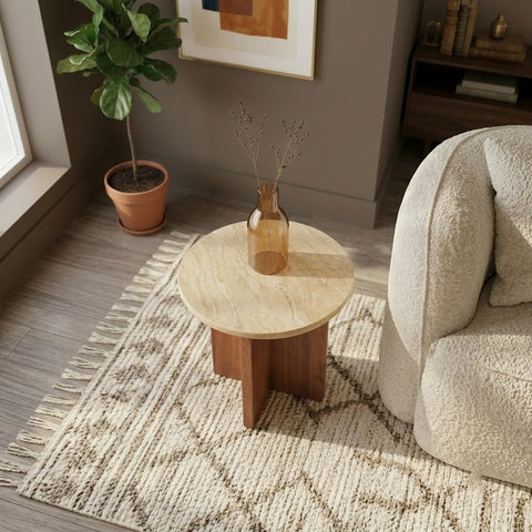 PRITI Designer End Table in Travertine & Acacia Wood for Bedroom