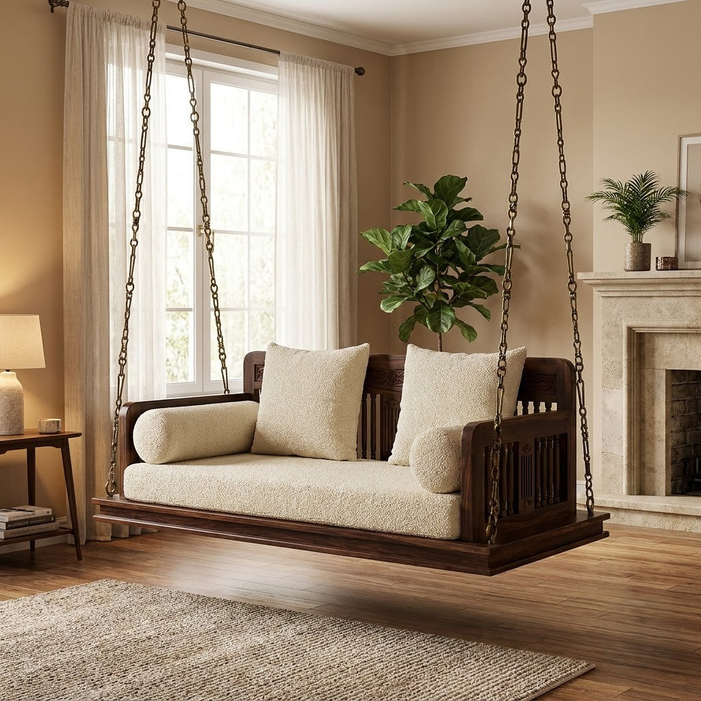 PRITI Designer Sheesham Wood Jhula – Dark Walnut 2 Seater Swing with Crème Cushion