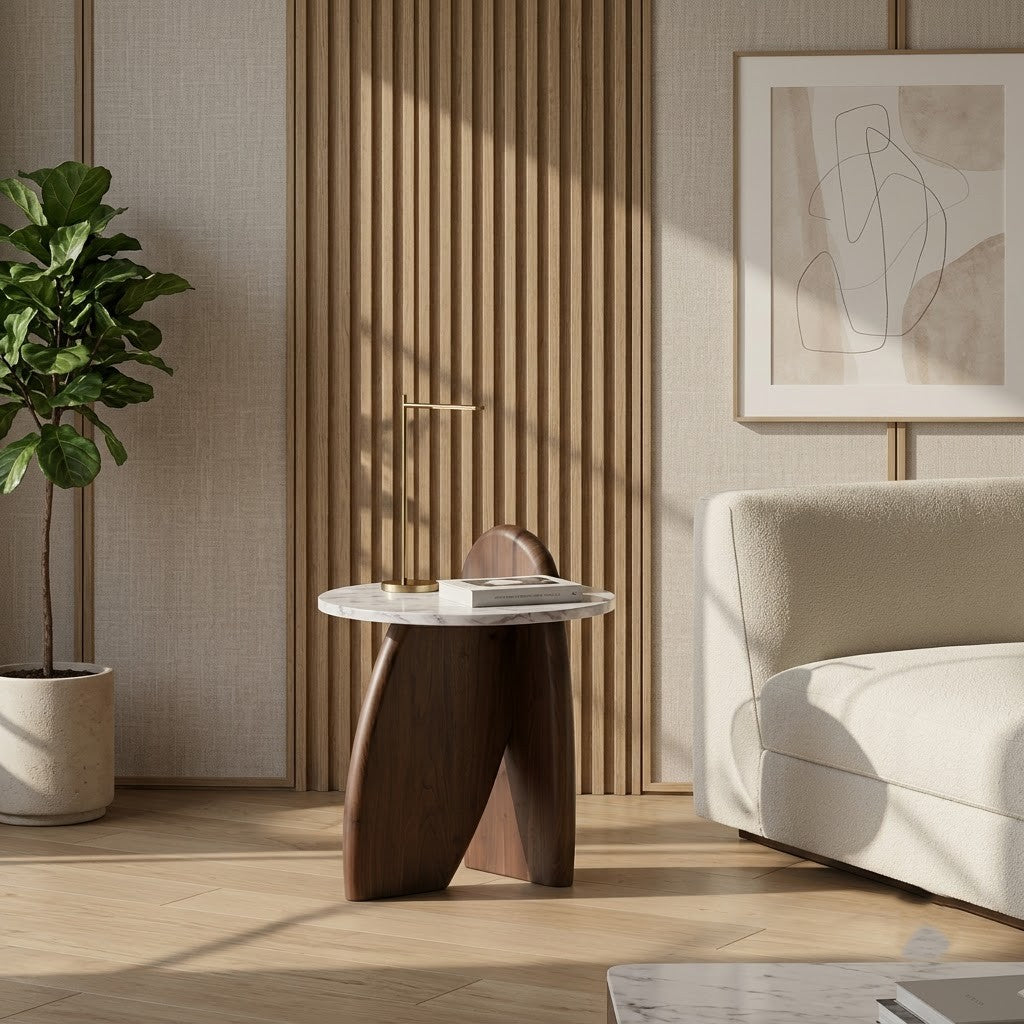 PRITI Designer Side Table with White Marble Top & Artistic Wooden Frame