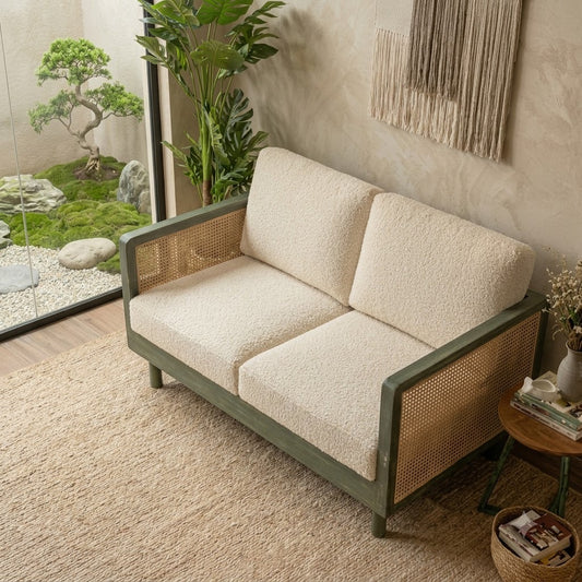 PRITI Distress Green mango wood 2-seater sofa with crème boucle upholstery
