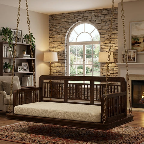 PRITI Elegant 2 Seater Wooden Jhula with Crème Boucle Upholstery